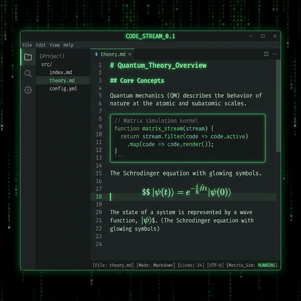AMatriz markdown editor screenshot showing code blocks, tables and formatted technical writing layout