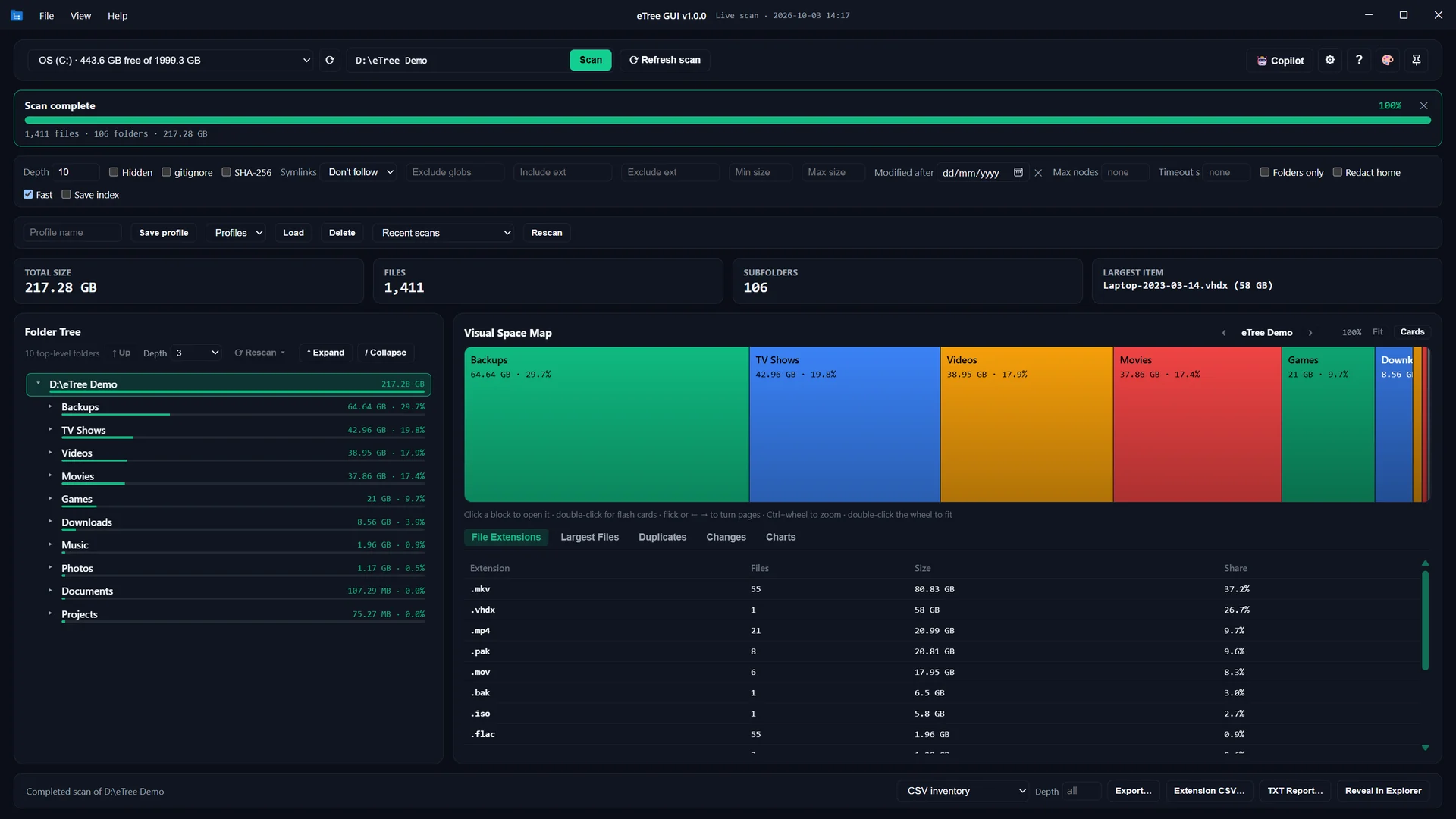 eTree GUI scan overview: folder tree, space map and file types
