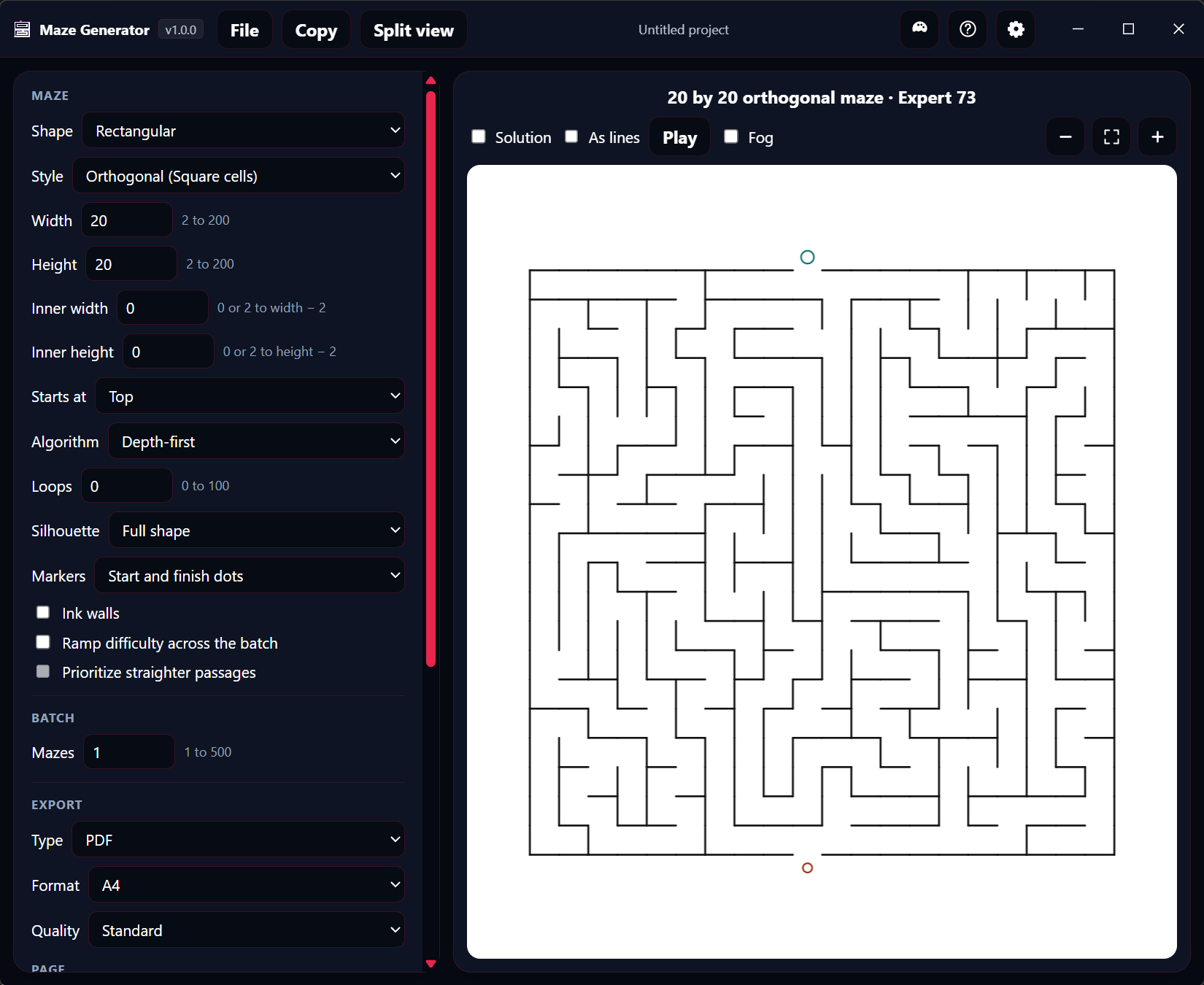 MazeGenerator desktop studio with maze settings on the left and a generated maze on the right