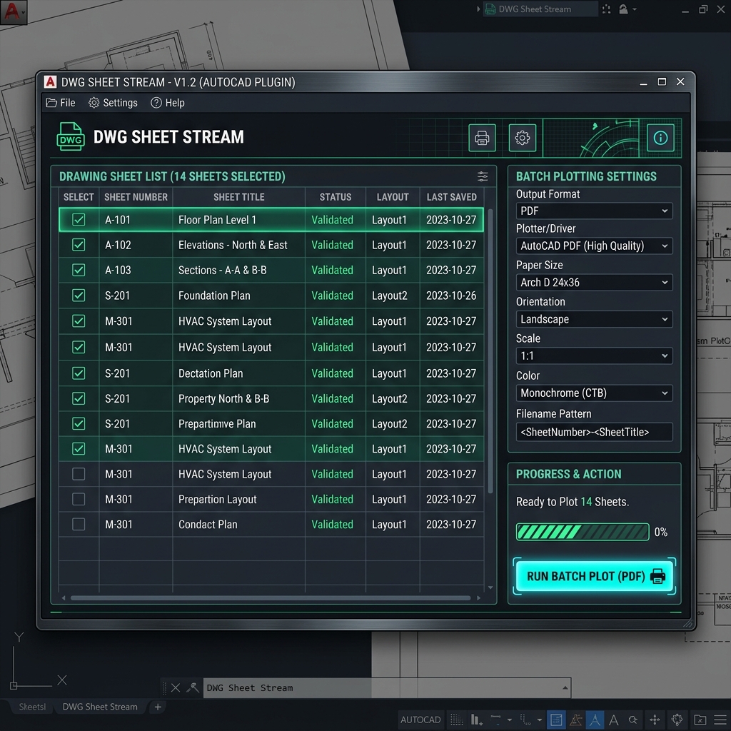DWG Sheet Stream AutoCAD plugin user interface showing drawing sheet list and batch plot options